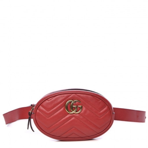 Gucci Handbags - GUCCI Calfskin Matelasse interlocking GG Marmont Belt Bag Size 105 Hibiscus Red